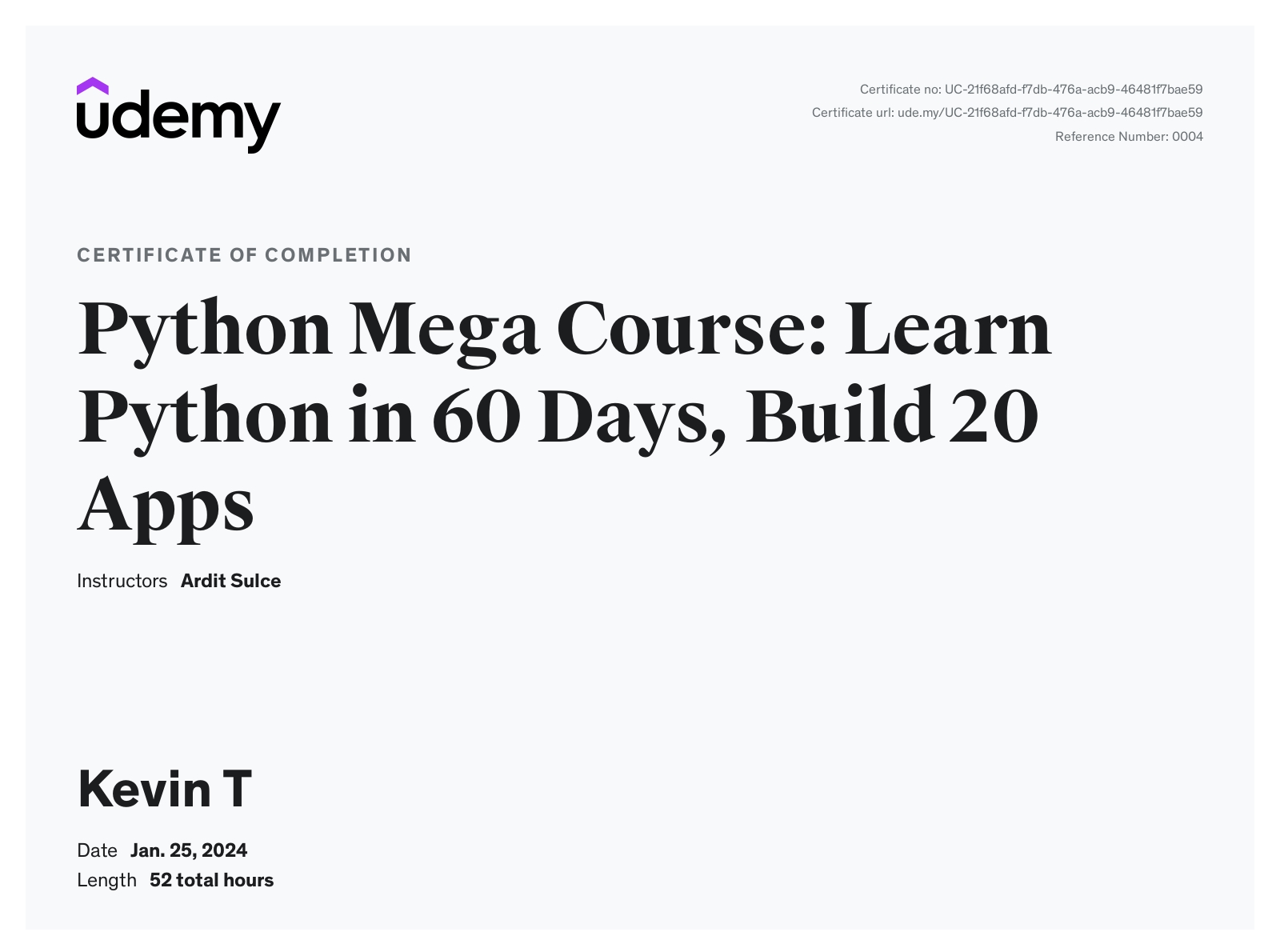 Python Mega Course Certificate